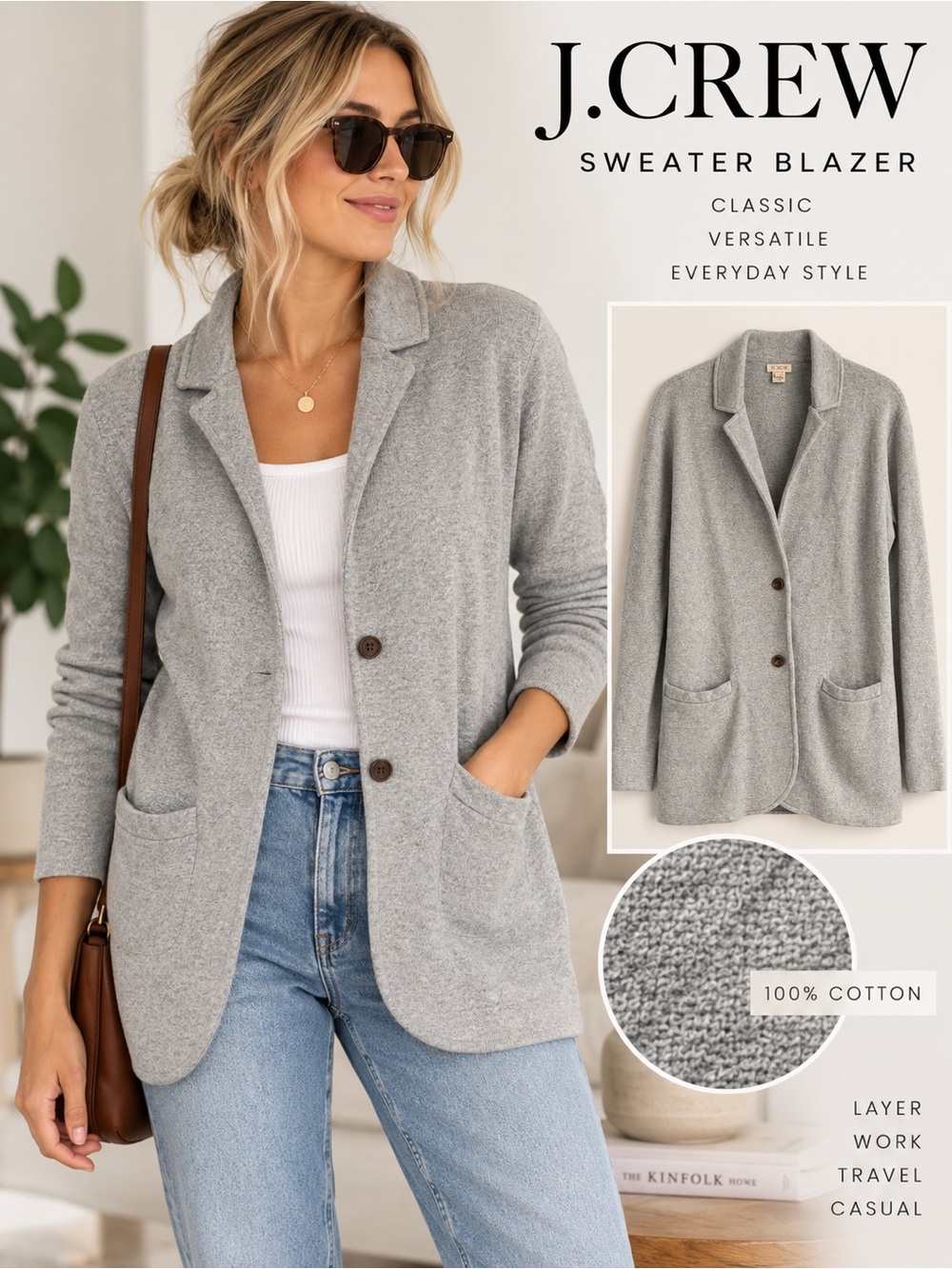 J. Crew Gray Cotton Knit Sweater Blazer Cardigan Jacket Size Medium